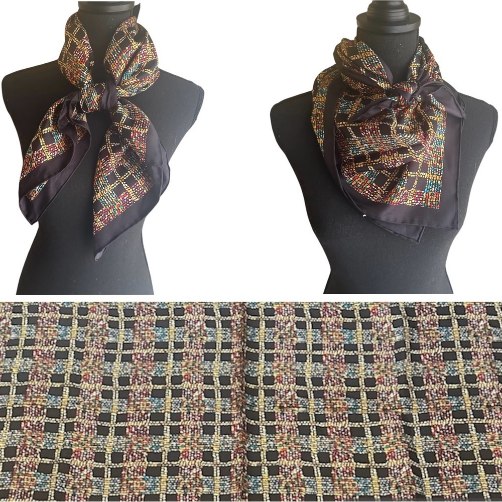 Talbots Black Silk Scarf with Multicolor Check Mosaic
